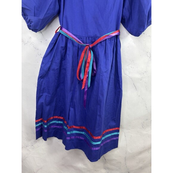 Vintage 70s Prairie Dress Kids Girls Sz 10 cottagecore Folk Blue Novelty Ribbon - Picture 14 of 16